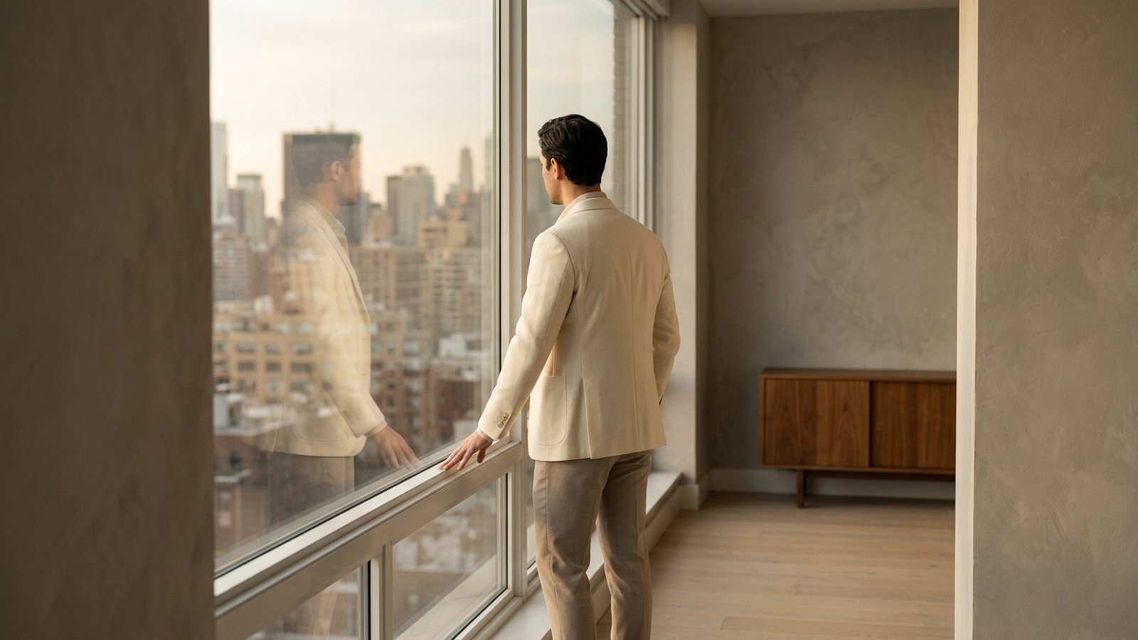 A composed professional standing at a high-rise window overlooking the city at golden hour