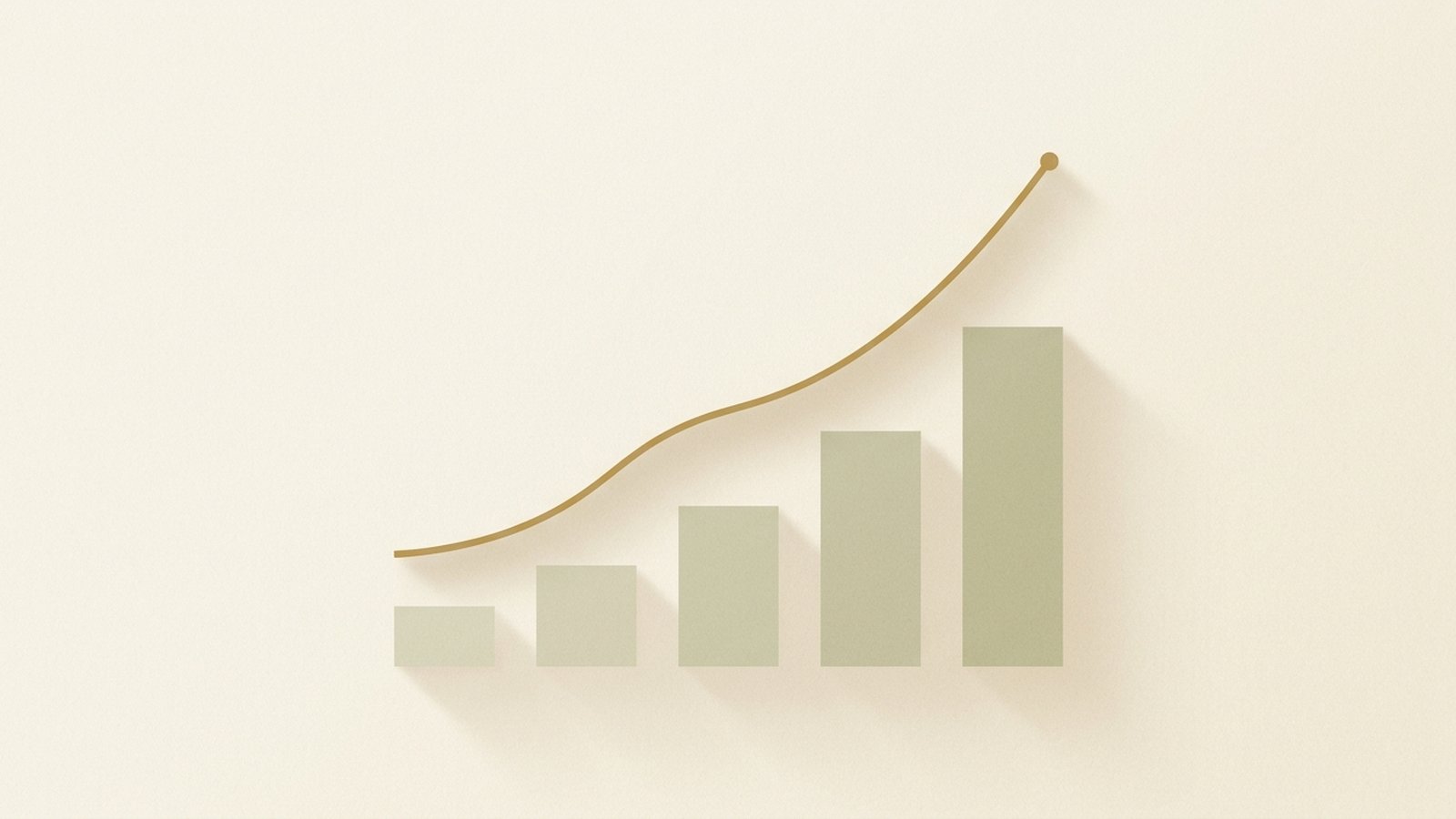 A minimalist illustration of an ascending gold line over rising sage bars, suggesting growth and achievement