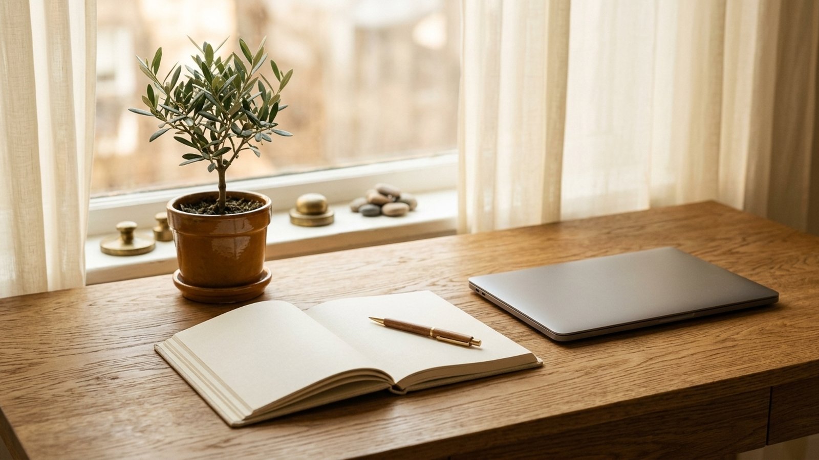 An open planner and a laptop on a sunlit desk — planning the next steps after a consultation